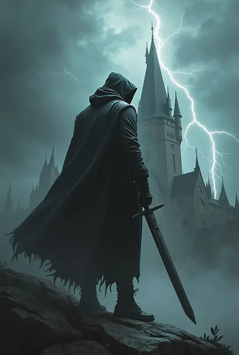 tall one person .  definition two people. man hooded skull in front , Wearing a black jacket and black pants with a big sword resting on a foggy day inside a castle behind with a lot of storm and fog and lightning