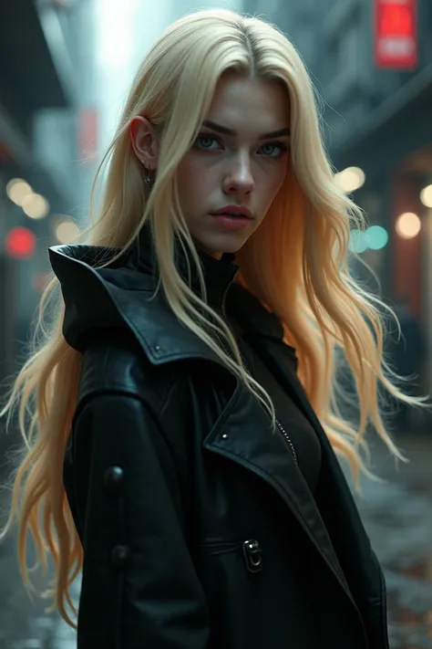  I create an image of a character inspired by Felix de Strays with long blond hair, divided into two halves. The visual style is similar to that of the series Arcane ,  with futuristic details ,  dramatic lighting and a dark urban background that is ambigu...