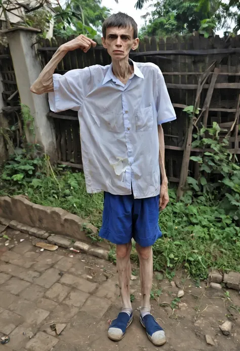 ((Side pose)) extremely thin and ugly young man, emaciated and starving, weighing only 30 kg, 1.6 m tall. He has very thin arms, is badly injured, wears a school uniform, blue shorts, a dirty white shirt, old black shoes and his legs are very thin. The man...