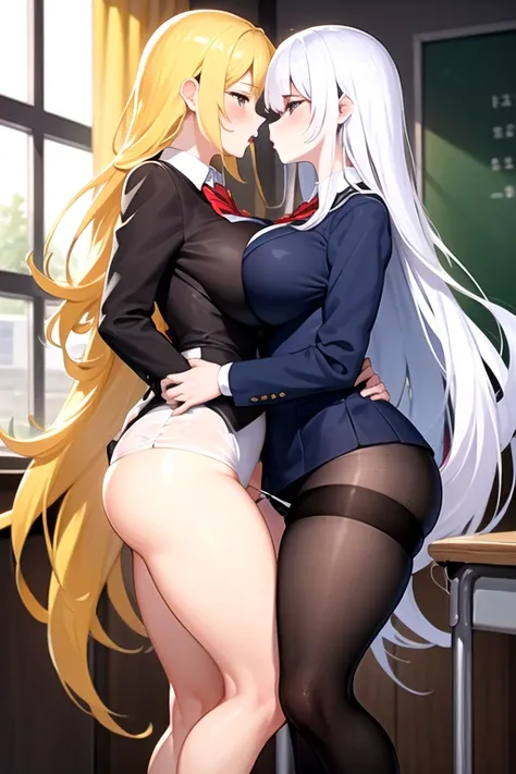 lesbian (very long loose yellow hair)( Big breasts,  big thighs)(with school uniform clothes it is very tight) that he is kissing and touching his parts at school with his girlfriend(that they are in a very sexy and compromising position with their girlfri...