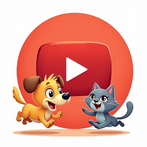 A playful cartoon-style illustration designed as a logo for a YouTube channel. It features a dynamic scene of a dog and a cat chasing each other around a large YouTube play button icon at the center. The dog is a happy golden retriever with a big, goofy sm...