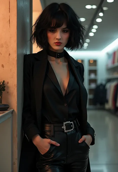 A girl with short black hair, wavy,  at shoulder height,  of powerful black clothes , Black butt ,  silver buckled pants ,  porcelain skin and penetrating brown eyes, full pink mouth , DJ, leaning up against wall in a store, ultra high definition, ultra re...