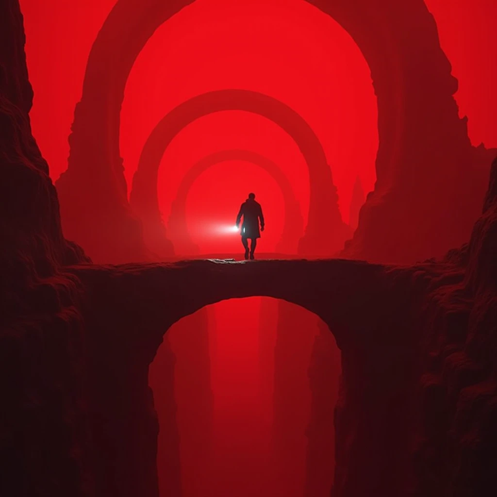 HD photo of a surreal and atmospheric setting.  The background is dominated by an intense red tone ,  with several bridges or arched structures superimposed ,  creating a sense of depth and infinity .  At the center of the composition , a solitary characte...