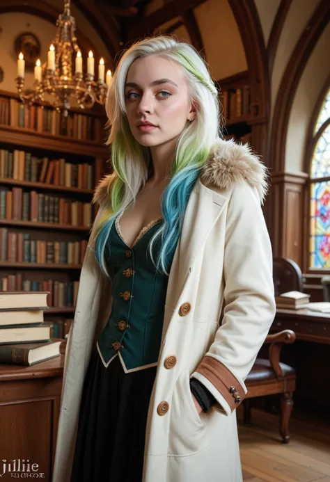 (Billie Elish), long white hair, wearing open Hogwarts coat house gryffindor, inside a magic library, ultrarealistic, ultra HD, 8k