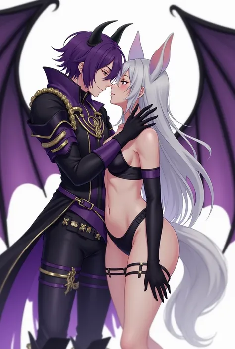 Character on the left:

Appearance:  Male with purple hair and black horns .

clothes:  She wears a predominantly purple and black costume with elaborate details ,  including chains and belts .

 Accessories :  Has large bat wings ,  purple with black deta...