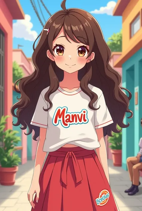 A brunette girl with curly hair anime girl whose outfit is traditional plazo and t-shirt and there is a big sticker of Manvis name on her t-shirt, 