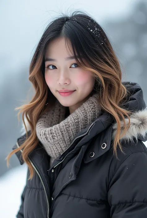 A beautiful 24-year-old Thai girl with a perfect figure, D-cup breasts, fair skin, sparkling eyes, black hair with golden brown highlights, wearing wearing a winter coat in snow at “Jade Dragon Snow Mountain” in China.