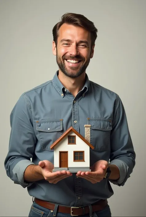 " Create a realistic image of a smiling and friendly man ,  looking friendly and inviting ,  holding a house in his hands as if it were a small model .  The man must have a warm face ,  with an expression of trust and kindness .  His posture must convey se...