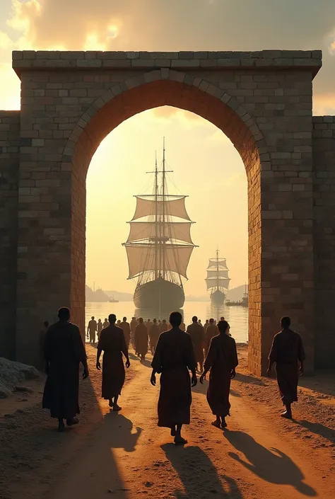 Make an image of the Gate of No Return, em Benin, In Africa . Place some slaves handcuffed and being whipped ,  heading towards slave ships that are in port.  Remembering that this is for a history paper where we have to make a poster for a presentation.