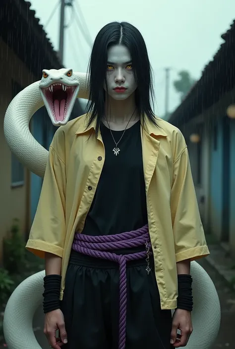 He is the real life version of Orochimaru,Japanese cool man, 20 years old, has long hair with bangs that are parted to the side,Having yellow eyeballs like snake eyeballs,Very pale white skin, pack , yellowish cream colored shirt,(Wearing black arm cuffs),...