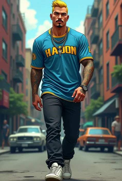 Anime, 3d anime, gangster, latina figure, male 30 years old, piercing, handsome face, mustache, tattoo on right hand, french crop hair, yellow hair, wear blue jersey, wear black jeans, wear white shoes, wear chain, walking pose, city background, full body ...