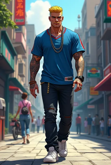 Anime, 3d anime, gangster, male 30 years old, piercing, handsome face, mustache, tattoo on right hand, french crop hair, yellow hair, wear blue jersey, wear black jeans, wear white shoes, wear chain, walking pose, city background, full body picture, epic r...