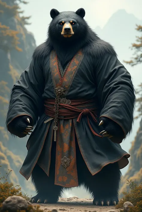 A black bear that looks like a human has lots of muscles ， wears Chinese Hanfu made of linen