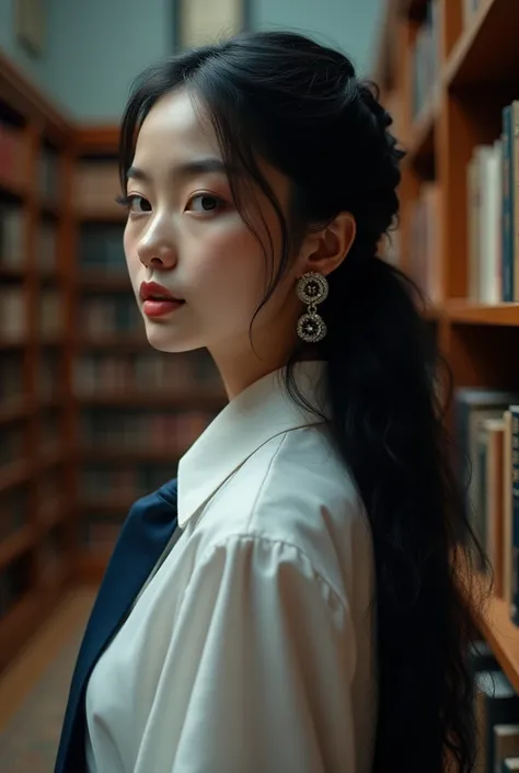 (( best quality)), ((  Masterpiece )), (  Details),  asian woman,profile, black hair, Slender Eyes, long hair,Curly Hair, white shirt, dark blue tie,5 silver earrings on the ears,)  Libraries 