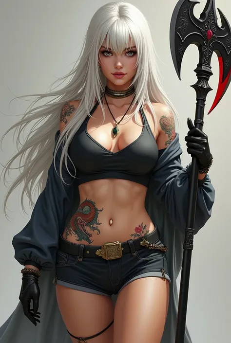  young woman,  Muscular body,  long white hair , fringe,  dressed in a cropped with sleeves , therefore,  shorts therefore, corturno therefore ate o joelho, gloves on the hands ,  e um sobretudo therefore,  a black sickle with a red blade on the right hand...