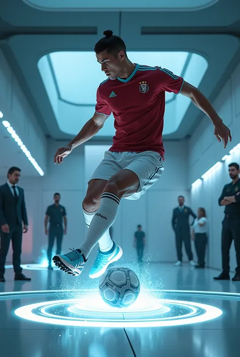 Training simulation: Ronaldo practicing in a zero-gravity simulator, kicking a glowing training ball as engineers observe.