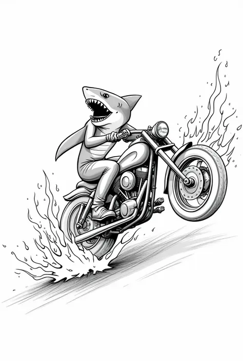 Shark with a burning motorcycle line drawing 