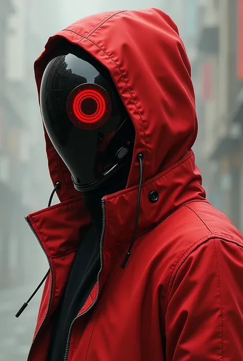 Cyberpunk fashion man、
He is wearing a helmet and his face is not visible.、solo, Multiview, Background blur, Japanese illustration style,red hoodie,circle red LED on the center of helmet