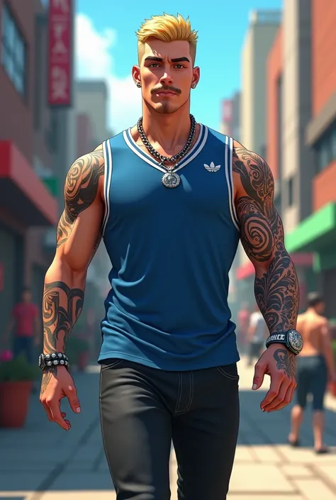 Anime, 3d anime, gangster, male 30 years old, piercing, handsome face, mustache, tattoo on right hand, french crop hair, blonde hair, wear blue jersey, wear black jeans, wear white shoes, wear chain, walking pose, city background, full body picture, epic r...