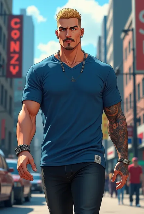 Anime, 3d anime, gangster, male 30 years old, piercing, handsome face, mustache, tattoo on right hand, french crop hair, blonde hair, wear blue jersey, wear black jeans, wear white shoes, wear chain, walking pose, city background, full body picture, epic r...