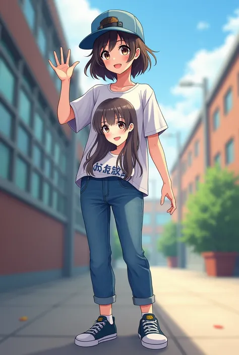  A high school girl wearing a T-shirt and jeans depicting a Japanese beautiful girl character and wearing sneakers (wore a baseball cap backwards) A high school girl wearing a snapback with the strap facing forward, showing her belly and waving her hand .