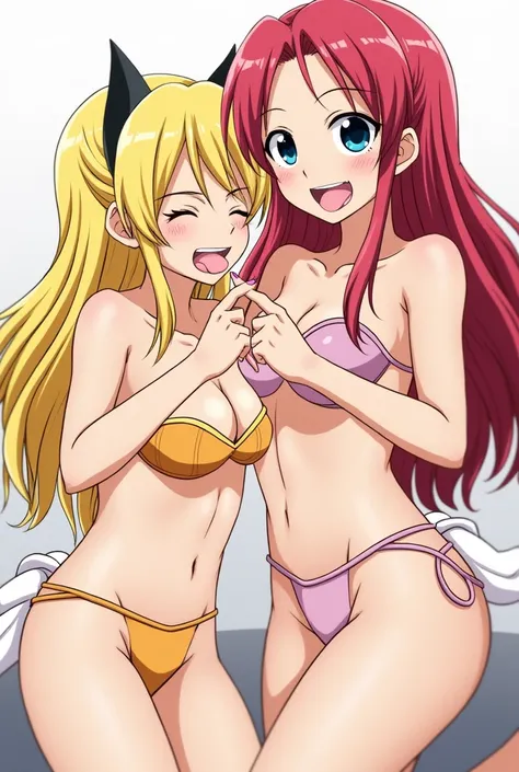 Lucy and Erza from Fairy Tail are showing their tongue in underwear 