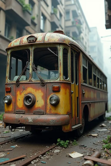  Old public transport vehicle in poor condition .