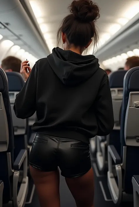 black woman hair in a bun black hoodie black leather short short bending over the seat in front of her getting something on the plane. backside view hyper realistic 8k clothe folding
