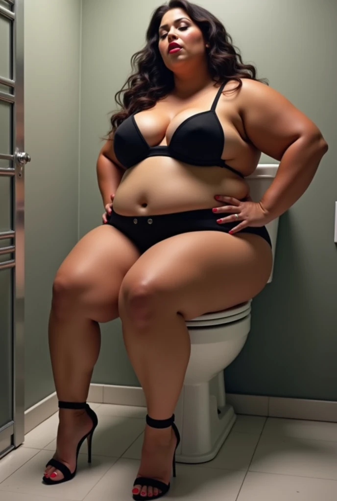 Plus size boss in black bikini and heels sitting on toilet eyes closed mouth open