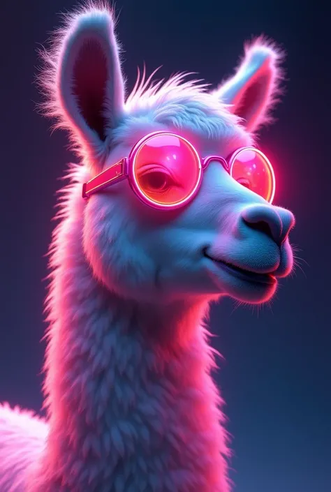 Creamel futuristic neon-like image of an Andean animal called llama with extra neon lenses, the flame has to be half-bodied upwards, it also shows in a cartoonish way, smiling on the side of futurists that refer to artificial intelligence; it also shows ho...