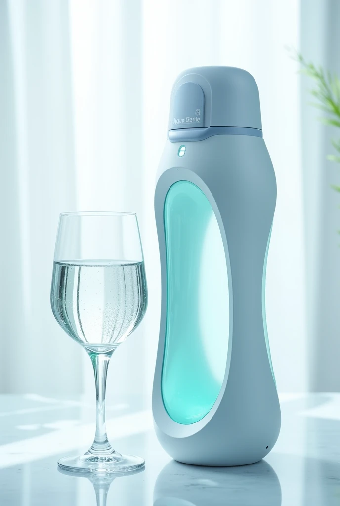 Create an advert of a smart Water Bottle named AQUA GENIE with a glass cup of water beside it