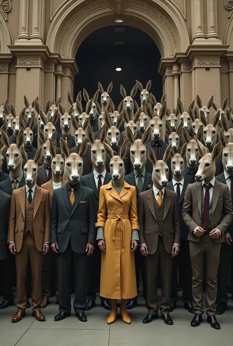 Dozens of men and women with donkey heads and with different clothes from each other in front of the cinema 