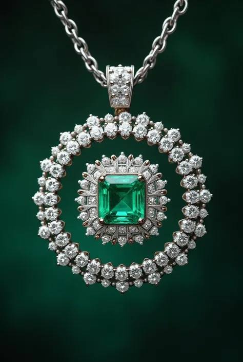 The design of a necklace of diamond pieces in the form of a round ring of worked white gold and a square shaped emerald in the middle and around the emerald is not any jewelry