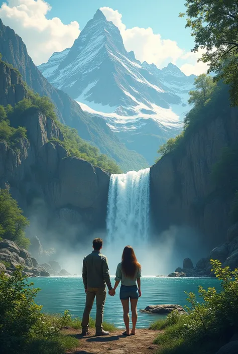 Message of the day with mountains and waterfall and 2 people