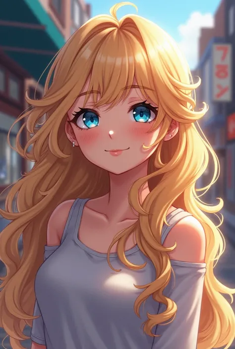 In Ayami Kojima style anime, a beautiful woman, long blonde curly hair, blue eyes, with a smiling face, city background, soft lighting, very detailed