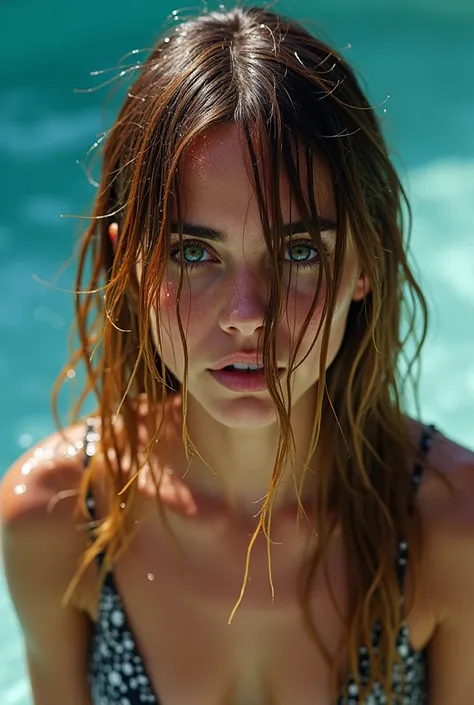 photo of Kiernan Brennan Shipka drenched by lot of water on her work with very very soaked very long and very flat hair entierelly satured by water which cover entierely and plated on her face and eye. she was drenched by lot of water because she just emer...