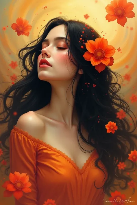 The image is a digital painting featuring a woman with long dark hair adorned with flowers. She is depicted in a dreamy, surreal style, surrounded by swirling abstract patterns and vibrant colors. The background is a blend of warm oranges, yellows, and red...