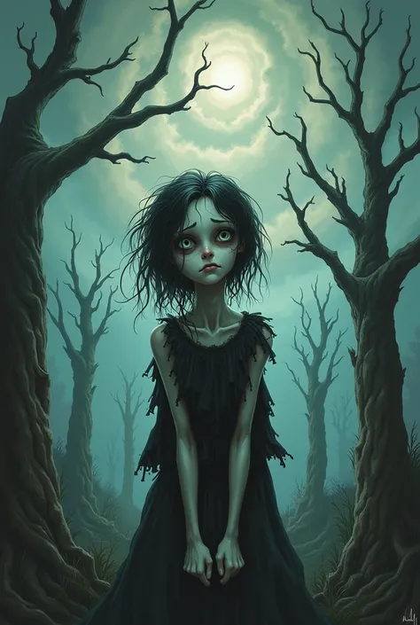  style illustrates a person with anxiety, Tim Burton 