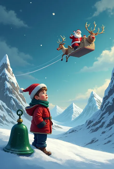 A boy at the North Pole holding a green bell next to him, a red-nosed reindeer with a Santa Claus flying in the sky 