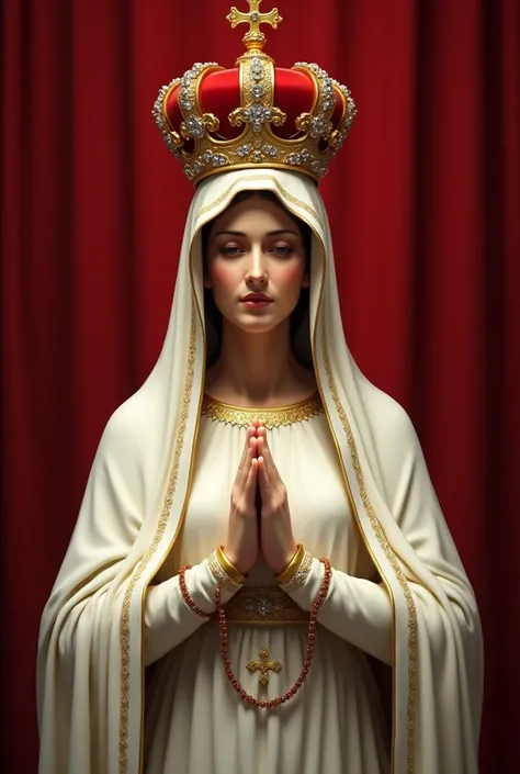 A realistic depiction of the Virgin Mary inspired by classical religious statues. She is shown wearing a white mantle with golden details and a red crown adorned with jewels and a cross on top. She is praying with her hands clasped together holding a rosar...