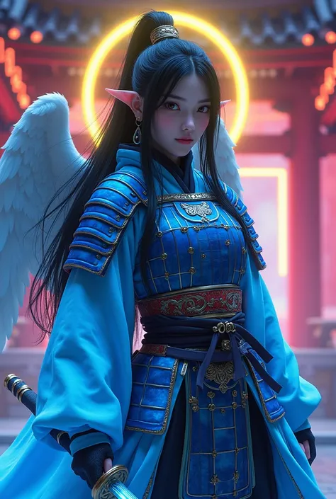 Beautiful Japanese samurai, very large breasts, pale white skin, long black hair, beautiful brown eyes, black eyeliner, teen face, neon yellow halo on head. Laser light Shinto temple background. Wearing glowing neon blue holographic samurai armor. (Angel w...