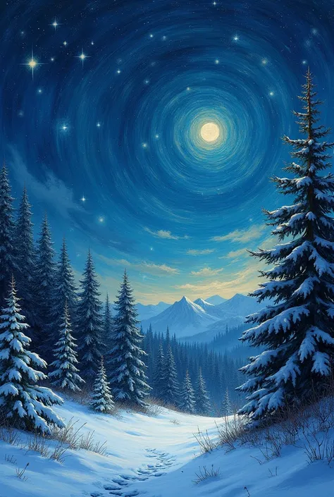 A surreal snow forest inspired by Van Goghs Starry Night, featuring swirling, glowing stars and a deep blue sky. A modern forest illuminated with moon lights, reflecting vibrantly in a calm Deep forest in the foreground. The scene is infused with rich, tex...