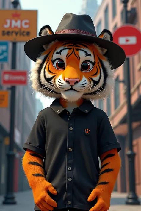  A tiger in normal clothes and a hat , That on the pole it says JMC SERVICE and on the JMC cap, Black clothes that are cute and background images from platforms such as Netflix, disney, youtube, Prime Video etc .