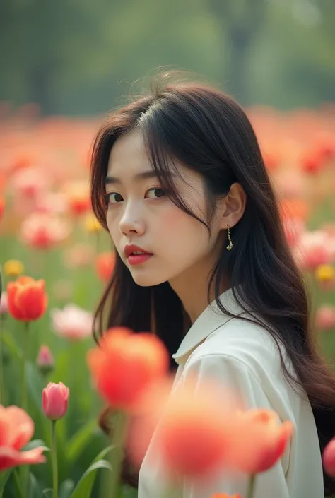 Back of a photo of a long-haired Korean woman looking at flowers