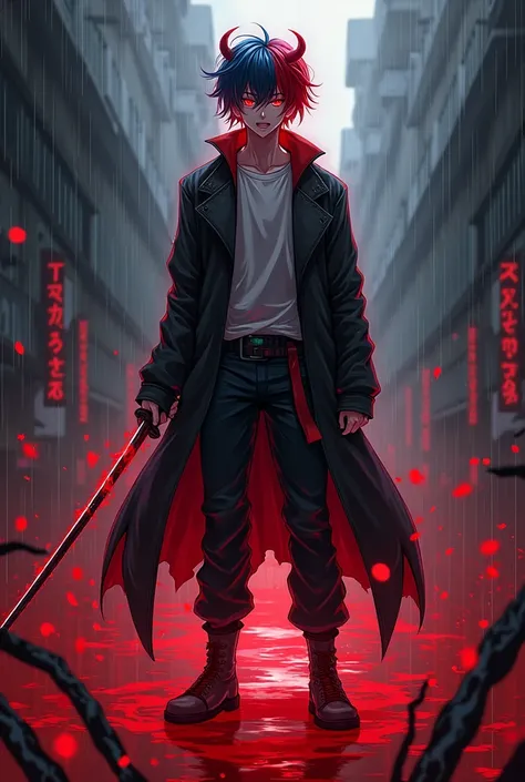 A Young Man Half Marked Anime Version 
With fangs in their mouths and with Demon characteristics 
With red and blue hair, hell-red eyes 
With a Japanese katana of hellish blood 
Its raining blood 
Standing in a pool of blood and with a lot of fucking blood...