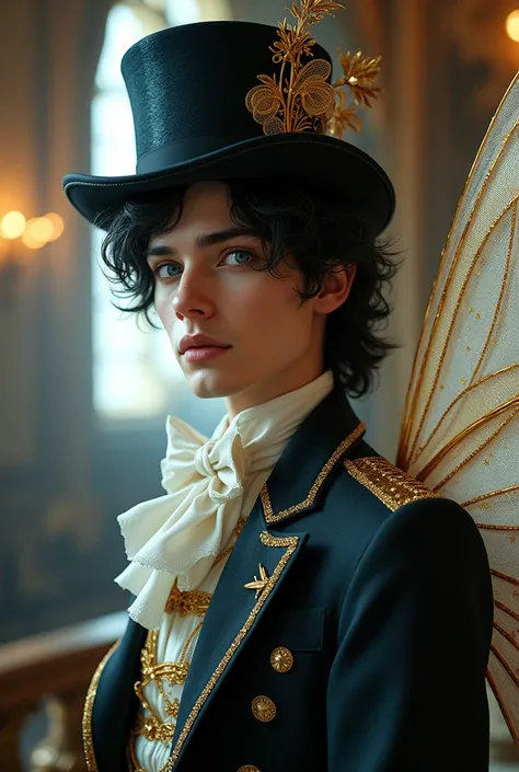 Young man handsome face soft white Caucasian features blue eyes long black hair well-defined body fairy wings his skin is made of porcelain He is wearing a Victorian-era outfit and is in a theater he is wearing a flamboyant hat 