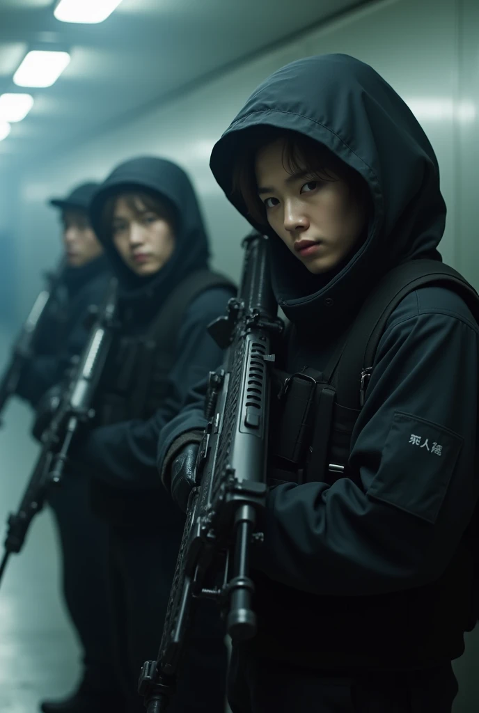 Image quality is 8K。Three K-pop handsome male college idols play snipers who commit brutal, outrageous, and heinous serial indiscriminate mass murders。Everyone stands in the same position in a row。 the characters and background are not blurred 。 they all h...