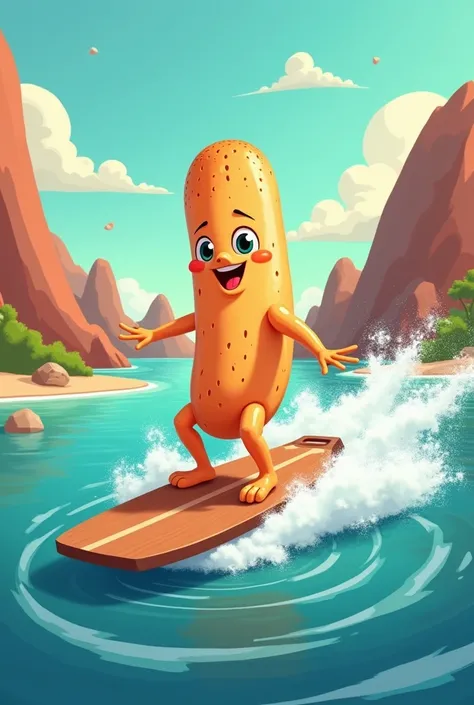 une baguette qui fait du surf sur un planche à découper dans un style cartoon 