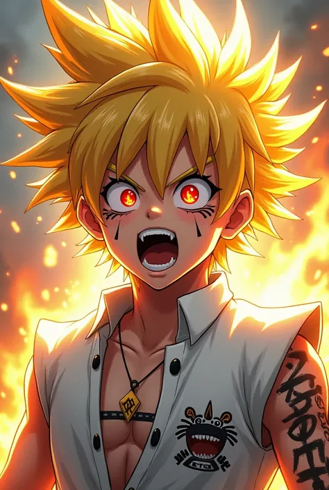 Ultra Supersayajin, diamond yellow colored hair and red eyes with black pencil painted around it, white clothing with dragon tatoon print, good open screaming, fighting with much fury against enemy, scenery in heaven and earth