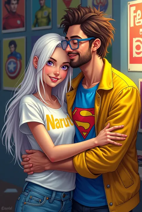  Make the face of a comic book character woman with almost white long hair , lilac eyes,  smiling.  Make her dressed up with a white t-shirt glued to her body with the word Naruto in yellow on her chest and she wears jeans. Do it, hugging a 45-year-old man...